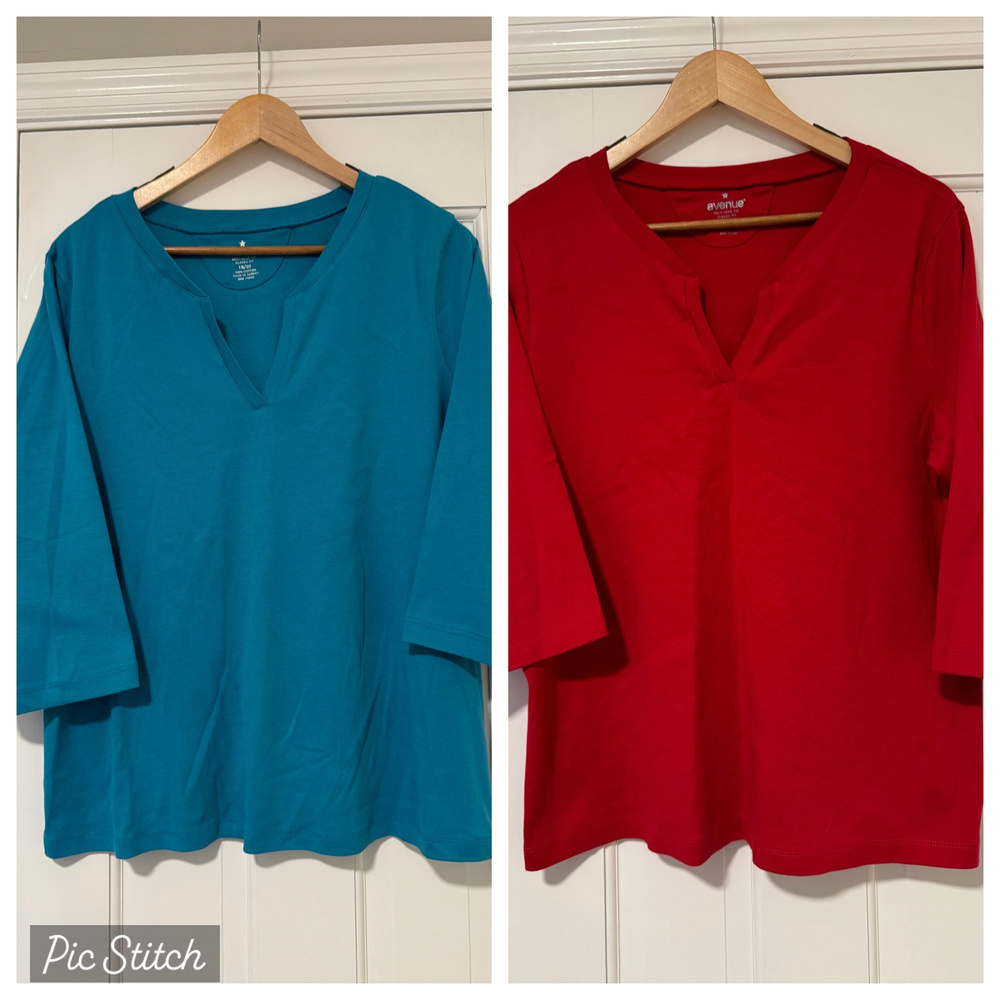 Lot of 2 Avenue 18/20 Tops 100% Cotton Split Neck 3/4 Sleeve Shirt Red Teal Blue